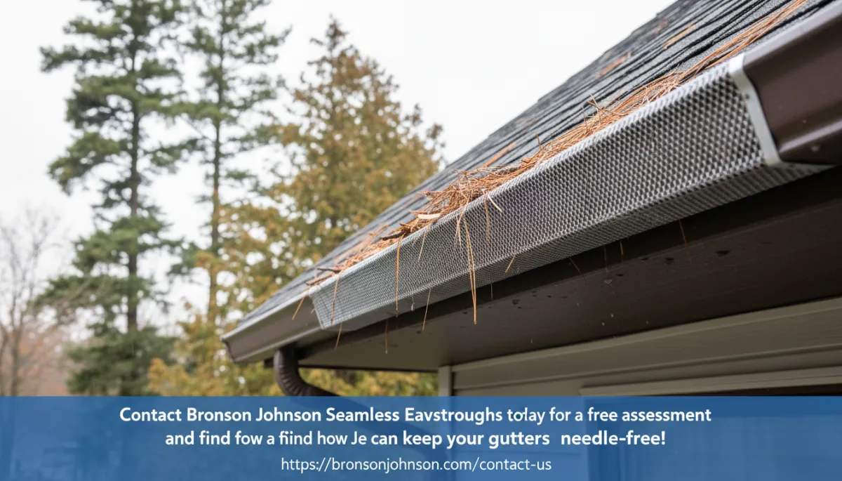 Photorealistic, high-resolution image of a real gutter system attached to a typical Ottawa home, featuring a close-up view of a metal micro-mesh gutter guard actively catching pine needles and cedar debris. The background includes visible pine and cedar trees to emphasize the tree varieties discussed in the blog. The scene is shot in natural daylight, highlighting the effectiveness of the gutter guard in preventing needle and debris buildup. At the bottom of the image, include a clean, professional banner overlay with the text: "Contact Bronson Johnson Seamless Eavestroughs today for a free assessment and find out how we can keep your gutters needle-free!" and include the clickable website link: https://bronsonjohnson.com/contact-us. The overall composition should maintain a polished, trustworthy appearance suitable for a professional blog. Photorealistic, high-resolution image of a real gutter system attached to a typical Ottawa home, featuring a close-up view of a metal micro-mesh gutter guard actively catching pine needles and cedar debris. The background includes visible pine and cedar trees to emphasize the tree varieties discussed in the blog. The scene is shot in natural daylight, highlighting the effectiveness of the gutter guard in preventing needle and debris buildup. At the bottom of the image, include a clean, professional banner overlay with the text: "Contact Bronson Johnson Seamless Eavestroughs today for a free assessment and find out how we can keep your gutters needle-free!" and include the clickable website link: https://bronsonjohnson.com/contact-us. The overall composition should maintain a polished, trustworthy appearance suitable for a professional blog.