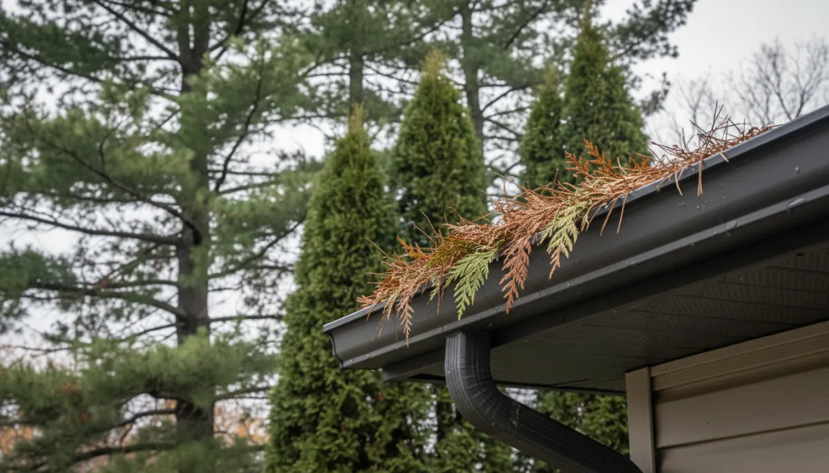 A real, high-resolution photograph of an Ottawa suburban home in late fall. The image should show a close-up of gutters partially filled with pine needles and cedar foliage. Tall pine and cedar trees should be visible in the background. Lighting should be soft and natural, and the overall composition must look clean, authentic, and professional. A real, high-resolution photograph of an Ottawa suburban home in late fall. The image should show a close-up of gutters partially filled with pine needles and cedar foliage. Tall pine and cedar trees should be visible in the background. Lighting should be soft and natural, and the overall composition must look clean, authentic, and professional.