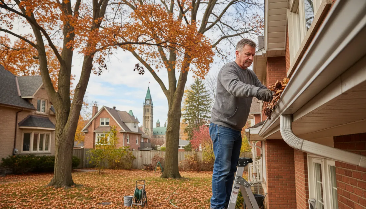 Clean eavestrough and downspout on an Ottawa home with water flowing correctly