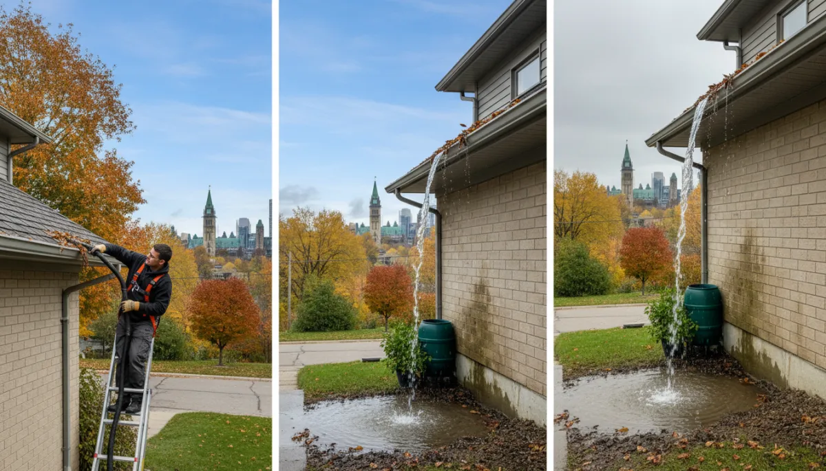 there should be 3 images. Context: This is for a blog post about "Eavestrough Cleaning in Ottawa: The Complete Guide to Protecting Your Home". Style: Professional quality, photorealistic, high resolution
