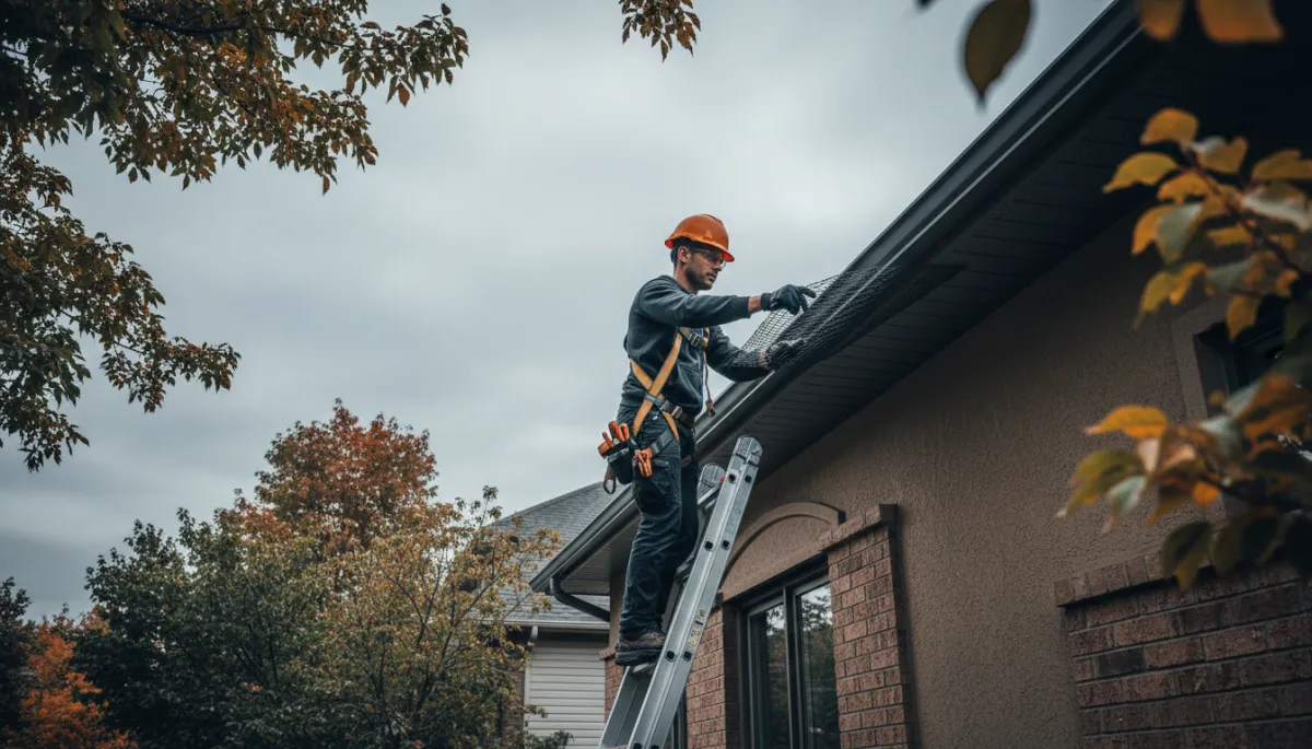 Technician inspecting leaf screen on Ottawa home eavestroughs Technician inspecting leaf screen on Ottawa home eavestroughs