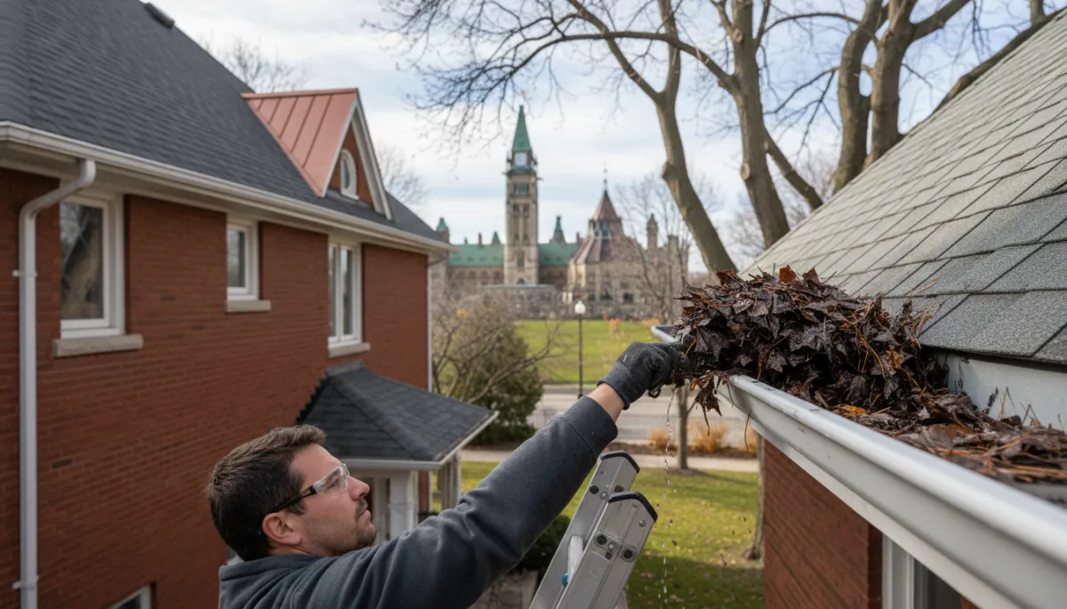 Clean eavestrough and downspout being inspected after maintenance
