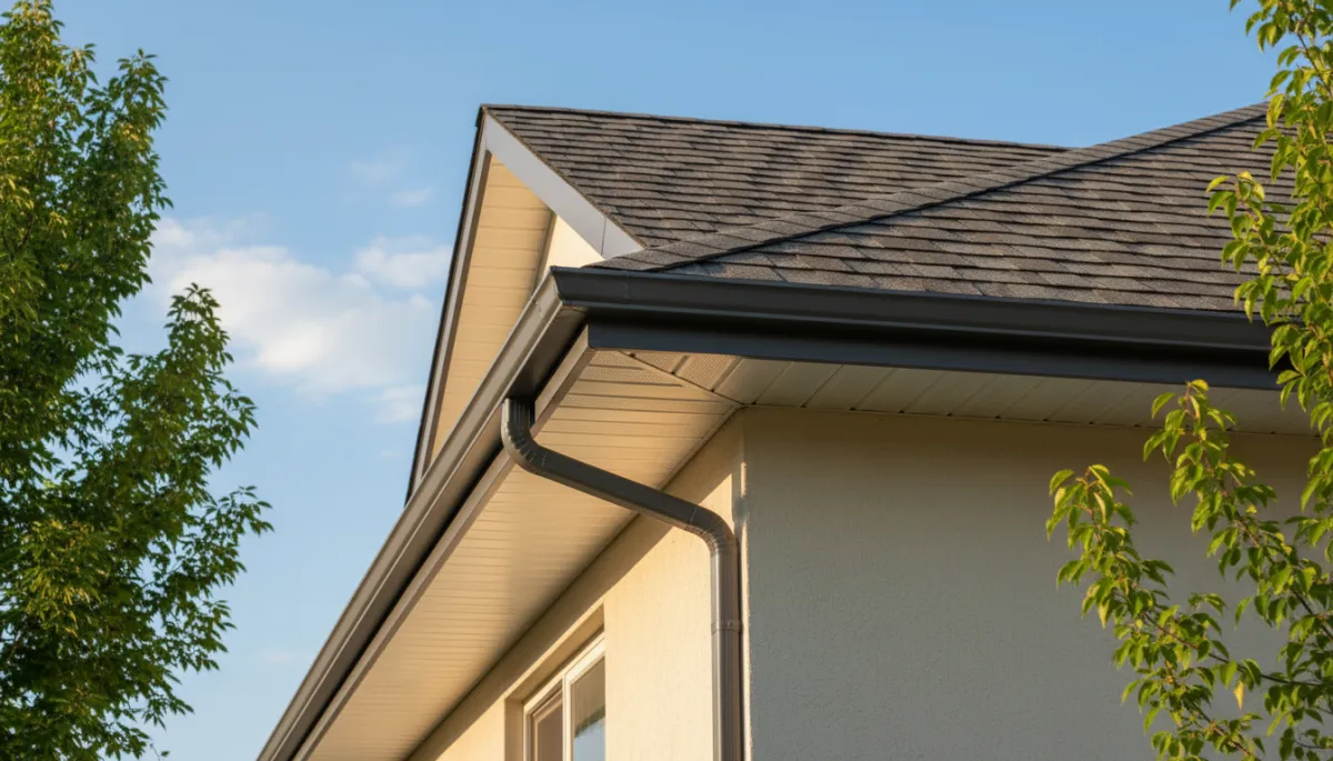 A fresh, professional photorealistic close-up of a modern suburban home's roofline, highlighting pristine new eavestroughs, gutters, downspouts, fascia, and soffit in contemporary neutral tones, on a bright sunny day. Do NOT include any people or contractors in the image. A fresh, professional photorealistic close-up of a modern suburban home's roofline, highlighting pristine new eavestroughs, gutters, downspouts, fascia, and soffit in contemporary neutral tones, on a bright sunny day. Do NOT include any people or contractors in the image.