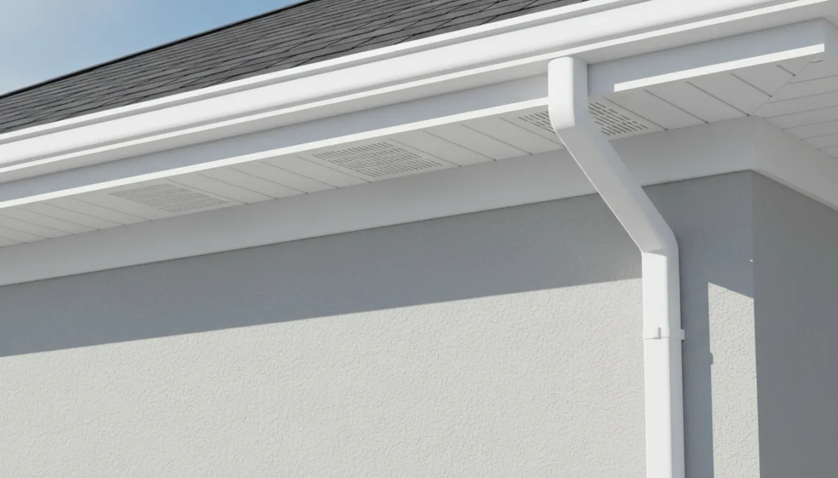 A photorealistic image of a home's new gutters, downspout, fascia, and soffit, showing only the house exterior details in bright daylight. No people or contractors present. A photorealistic image of a home's new gutters, downspout, fascia, and soffit, showing only the house exterior details in bright daylight. No people or contractors present.
