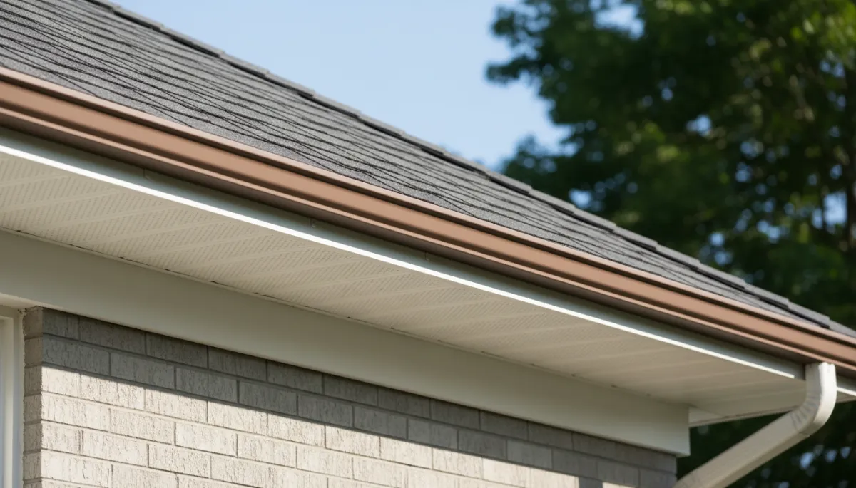 A highly realistic close-up photo of soffit and fascia on an Ottawa home, showing detailed roofline, eaves, and gutters in good condition. No people or contractors present—just the building elements.
