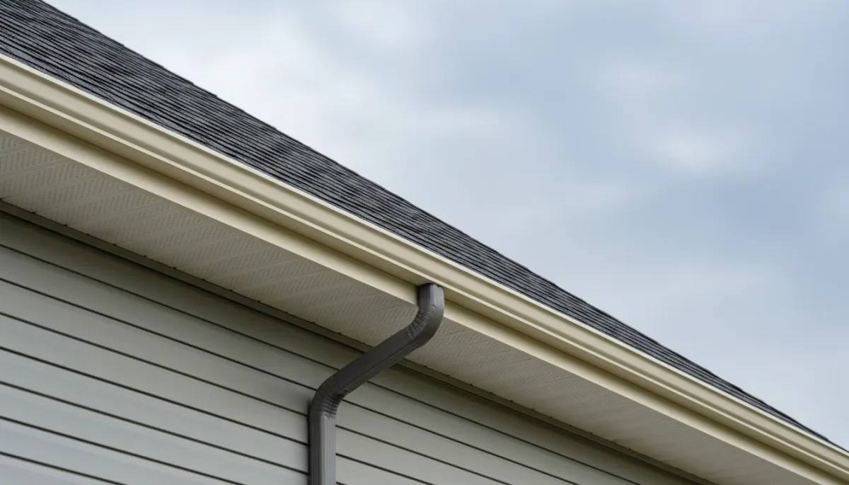 A realistic side view photograph of a house roofline in Ottawa showing soffit vents, fascia, and gutters with no people present. Neutral lighting, accurate architectural details.