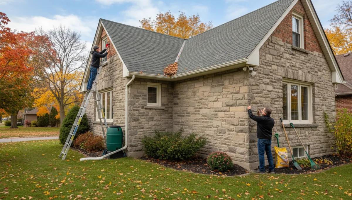 Technician inspecting and cleaning eavestroughs on an Ottawa home exterior