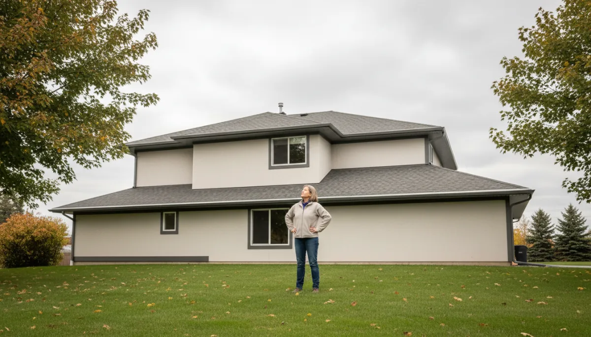 Real photo of a homeowner visually inspecting seamless eavestroughs from the ground
