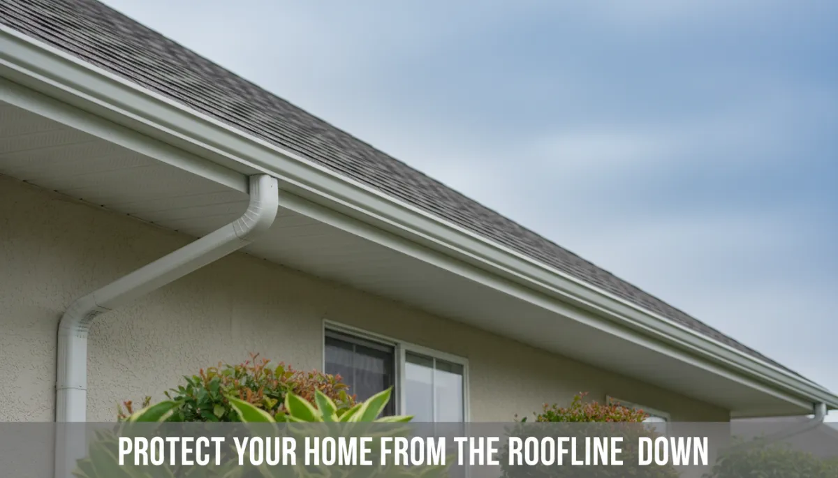 real photo of a well-maintained suburban home on an overcast day, close-up focus on clean seamless eavestroughs and downspouts along a neutral-toned roofline, soft natural light, subtle greenery in the foreground, TITLE:Protect Your Home from the Roofline Down