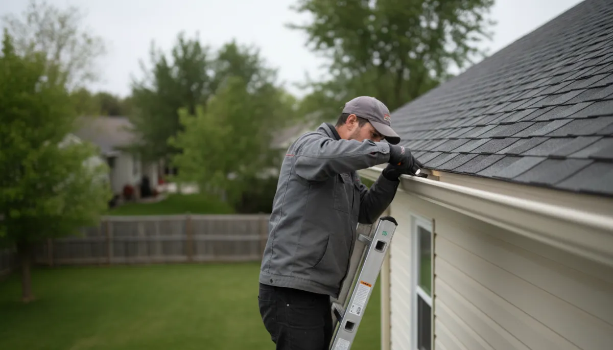 Homeowner on a ladder visually inspecting seamless eavestroughs for clogs and damage Homeowner on a ladder visually inspecting seamless eavestroughs for clogs and damage