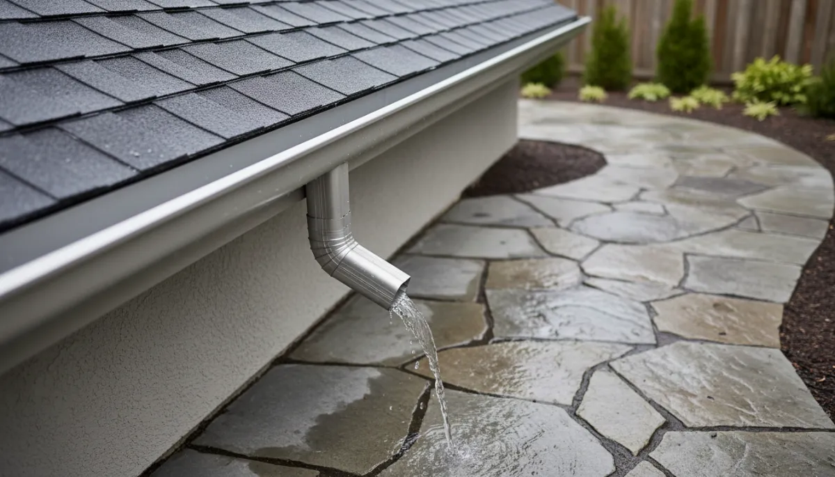 Neutral seamless aluminum eavestrough and downspout on a residential home