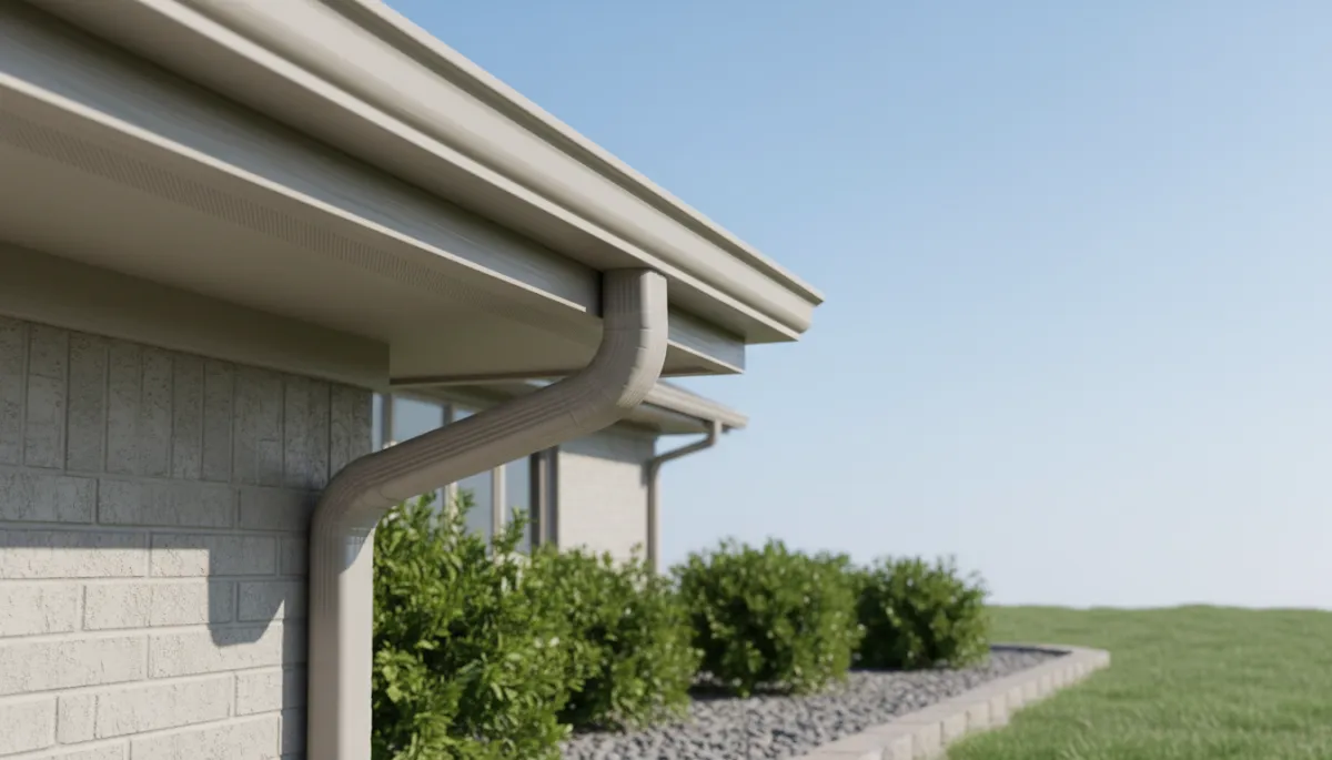 Close-up of seamless aluminum eavestroughs on a home exterior