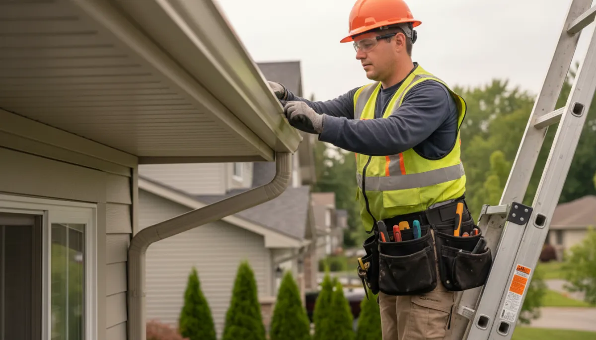 Photograph of a professional installing seamless eavestroughs on a home