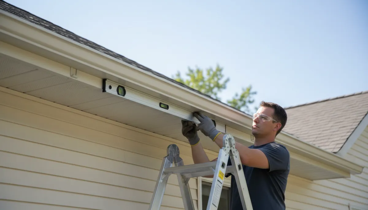 Real photo of a contractor installing seamless aluminum eavestroughs on a home