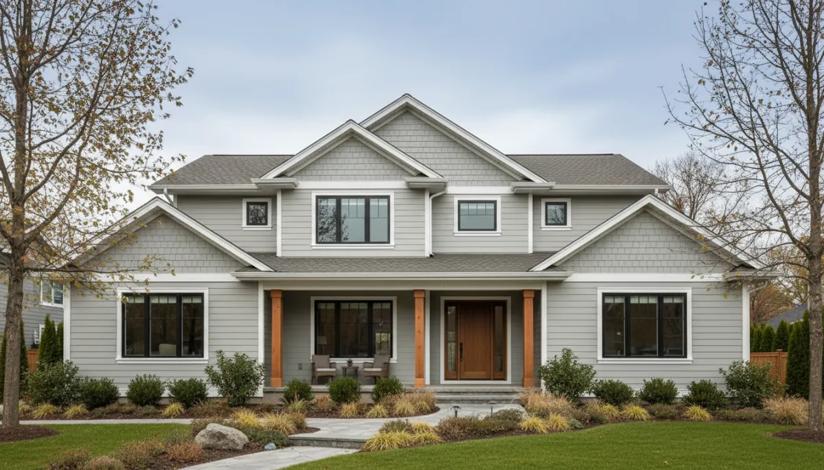 Home exterior with straight fascia boards and seamless eavestroughs in a neutral palette