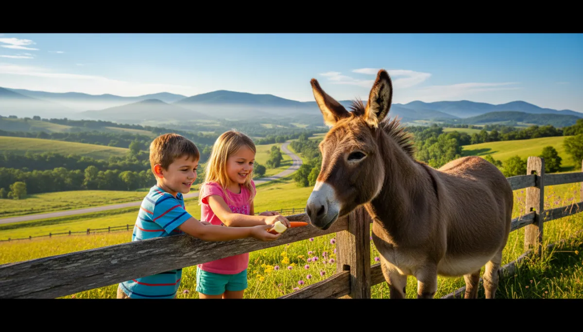 A photorealistic, high-resolution image of children feeding a friendly donkey at Pride's Mountain, set against the scenic backdrop of rolling Appalachian foothills. The children are smiling and interacting with the donkey, offering it treats over a rustic wooden fence. In the background, lush green meadows, distant mountain views, and a clear blue sky emphasize the beauty of this popular road trip stop along I-77. The scene captures the welcoming, family-friendly atmosphere of Pride's Mountain, with natural sunlight and vibrant colors to evoke a warm, inviting mood suitable for a travel blog. A photorealistic, high-resolution image of children feeding a friendly donkey at Pride's Mountain, set against the scenic backdrop of rolling Appalachian foothills. The children are smiling and interacting with the donkey, offering it treats over a rustic wooden fence. In the background, lush green meadows, distant mountain views, and a clear blue sky emphasize the beauty of this popular road trip stop along I-77. The scene captures the welcoming, family-friendly atmosphere of Pride's Mountain, with natural sunlight and vibrant colors to evoke a warm, inviting mood suitable for a travel blog.