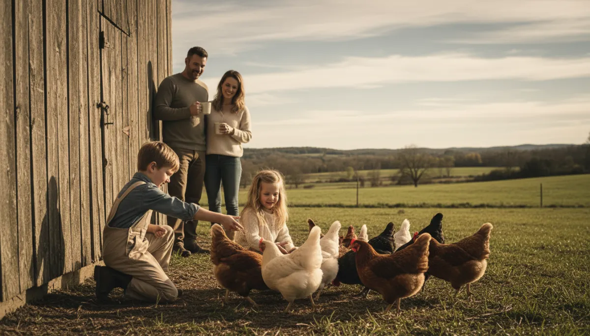 Children feeding chickens during a family agritourism stay at Pride’s Mountain