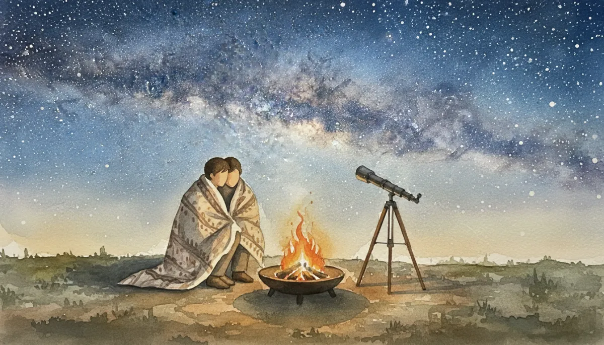 Couple by a fire pit with a telescope under a bright starry sky Couple by a fire pit with a telescope under a bright starry sky
