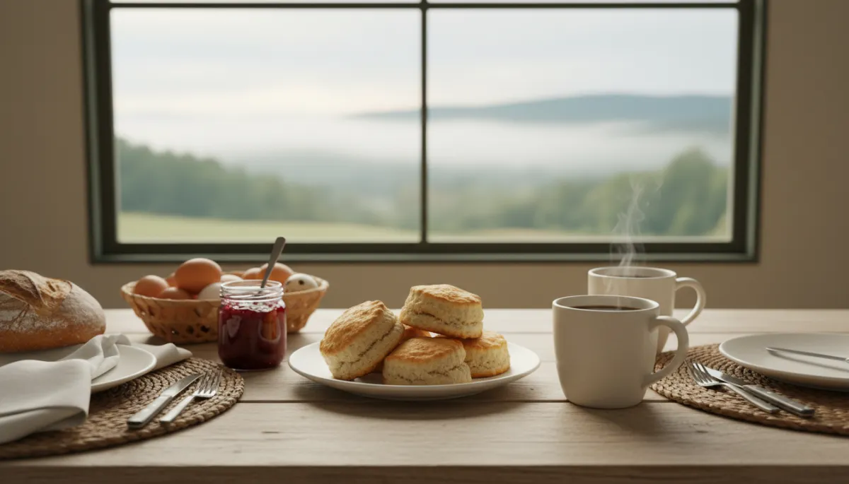 Farmhouse breakfast on a wooden table with mountain view Farmhouse breakfast on a wooden table with mountain view