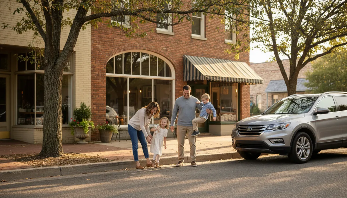 Family taking a break from their road trip in a small town main street