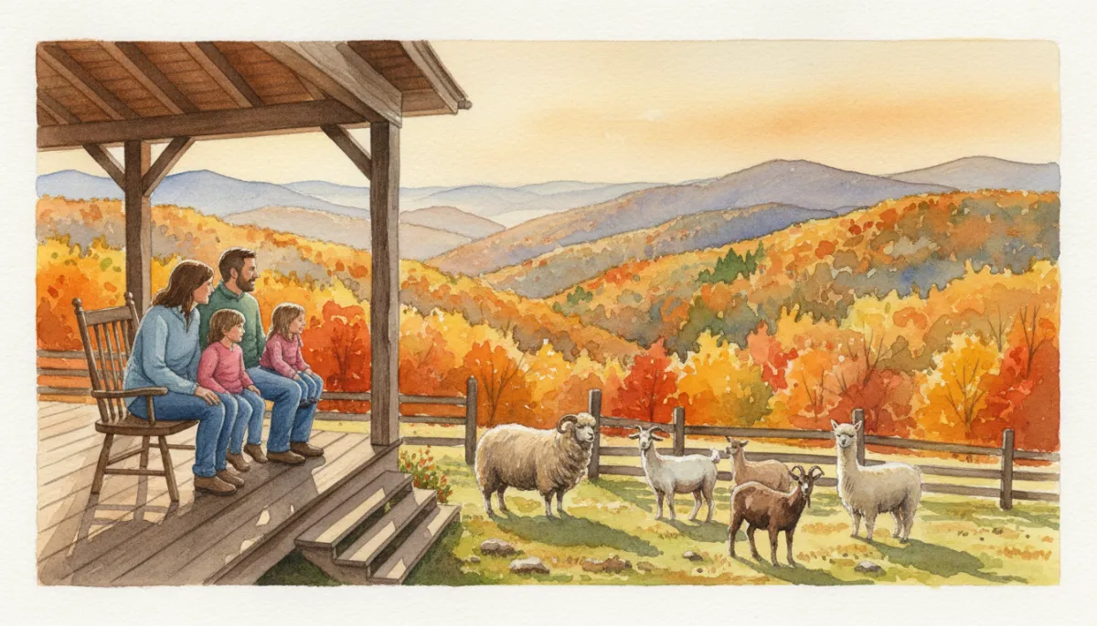 Professional photorealistic scene of guests enjoying a Virginia mountaintop farmstay with animals and mountain views Professional photorealistic scene of guests enjoying a Virginia mountaintop farmstay with animals and mountain views