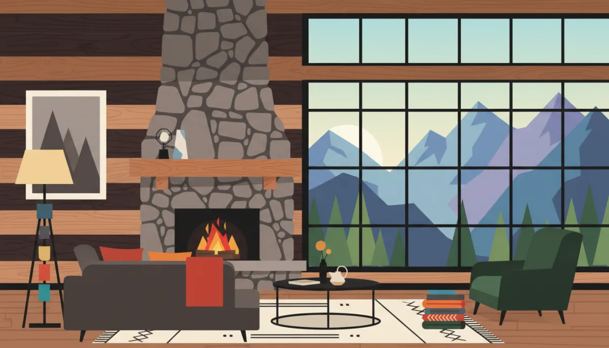 Cedar and black walnut cabin interior with stone fireplace and mountain views Cedar and black walnut cabin interior with stone fireplace and mountain views