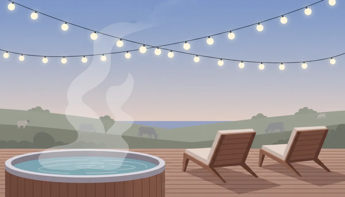 Deck with hot tub and seating overlooking peaceful farm landscape Deck with hot tub and seating overlooking peaceful farm landscape