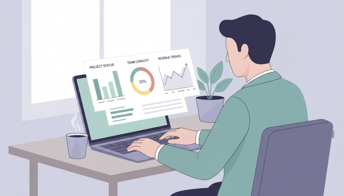 Manager reviewing an integrated operations and revenue dashboard Manager reviewing an integrated operations and revenue dashboard