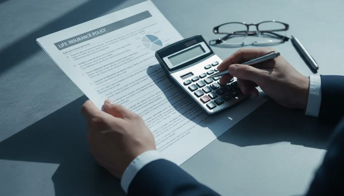Person reviewing a printed life insurance policy with a calculator on a desk Person reviewing a printed life insurance policy with a calculator on a desk