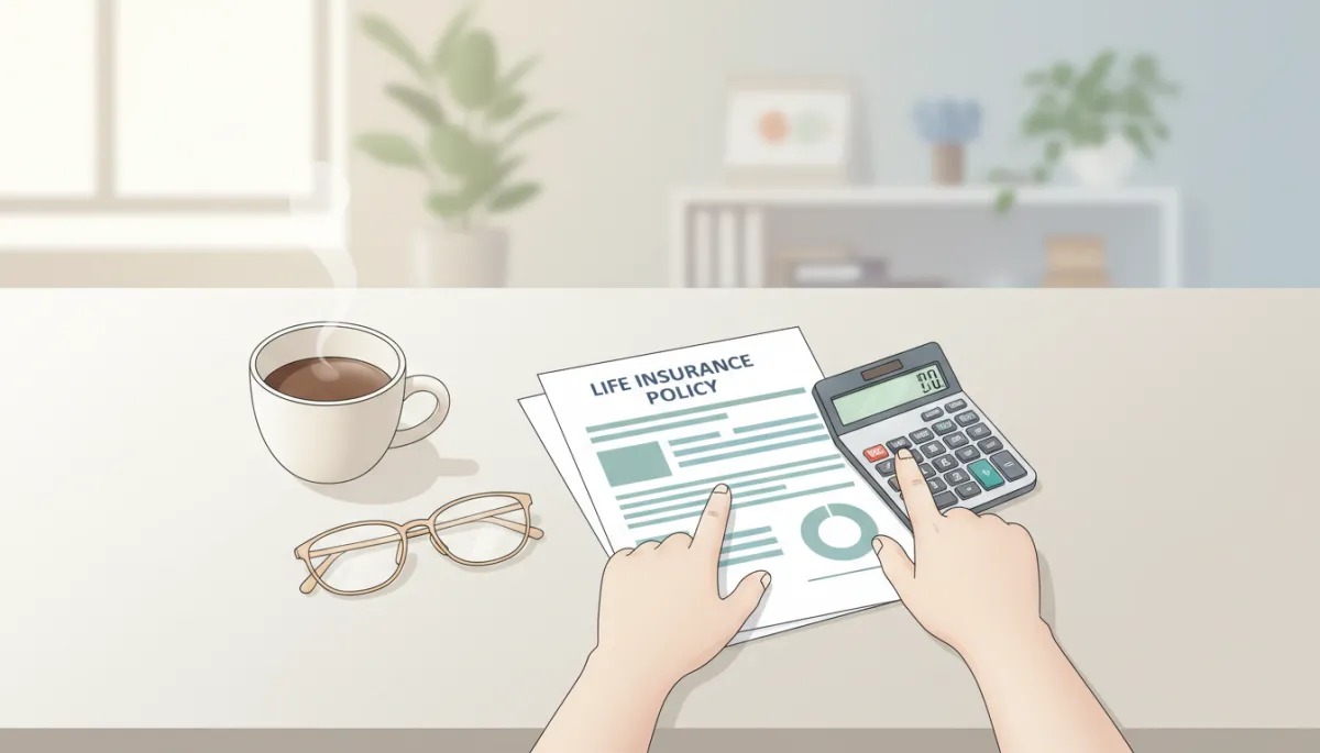 Hands reviewing a printed life insurance policy and calculations on a desk Hands reviewing a printed life insurance policy and calculations on a desk