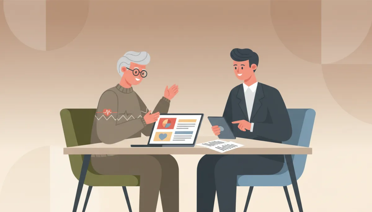 Client with heart condition discussing life insurance approval with an agent Client with heart condition discussing life insurance approval with an agent