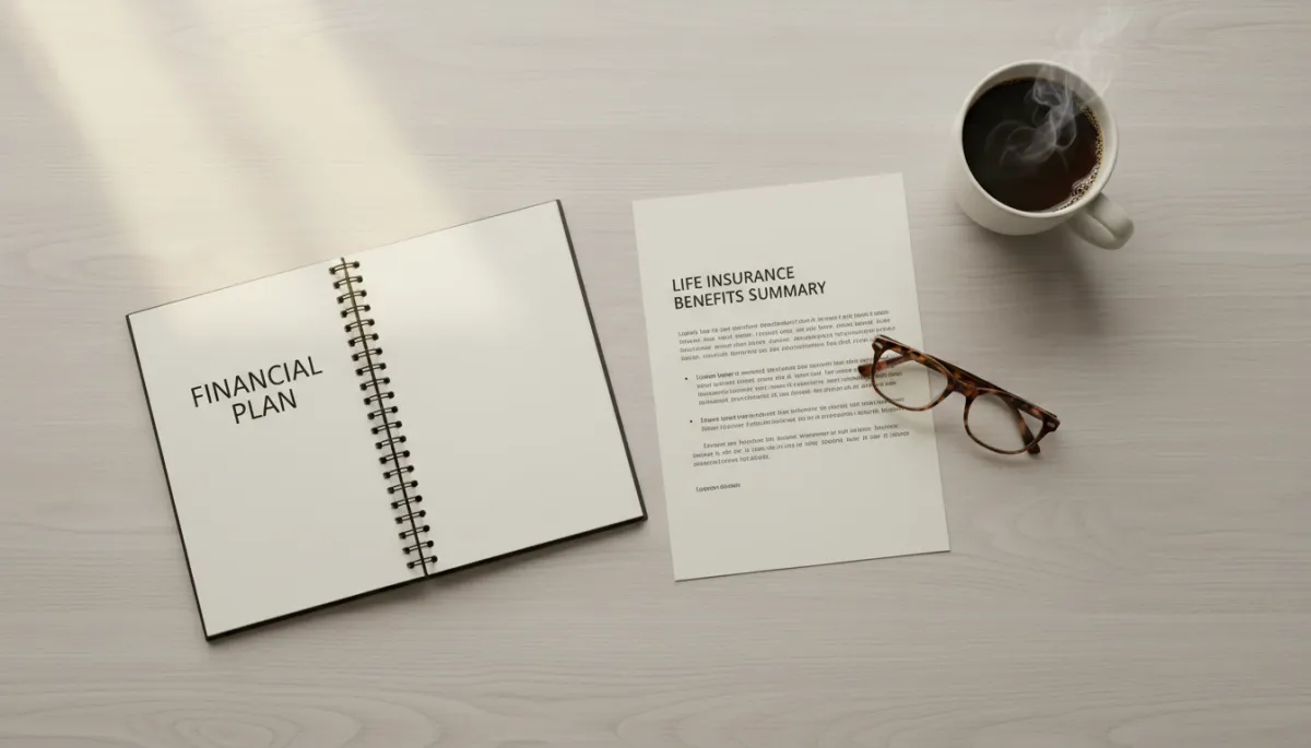 Workspace with financial plan notebook and life insurance benefits summary Workspace with financial plan notebook and life insurance benefits summary