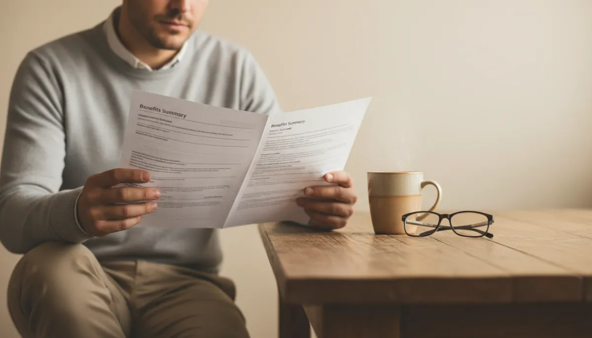 Employee reviewing employer life insurance benefits document at a desk Employee reviewing employer life insurance benefits document at a desk