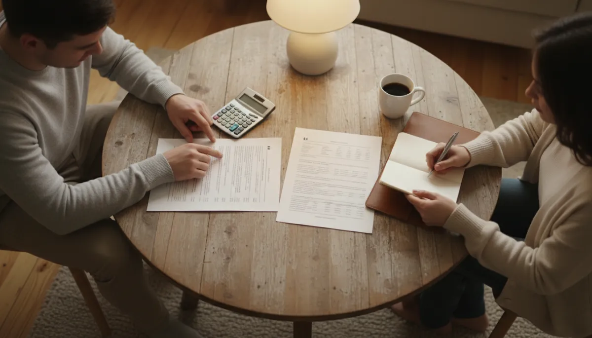 Couple comparing employer and individual life insurance quotes at home Couple comparing employer and individual life insurance quotes at home