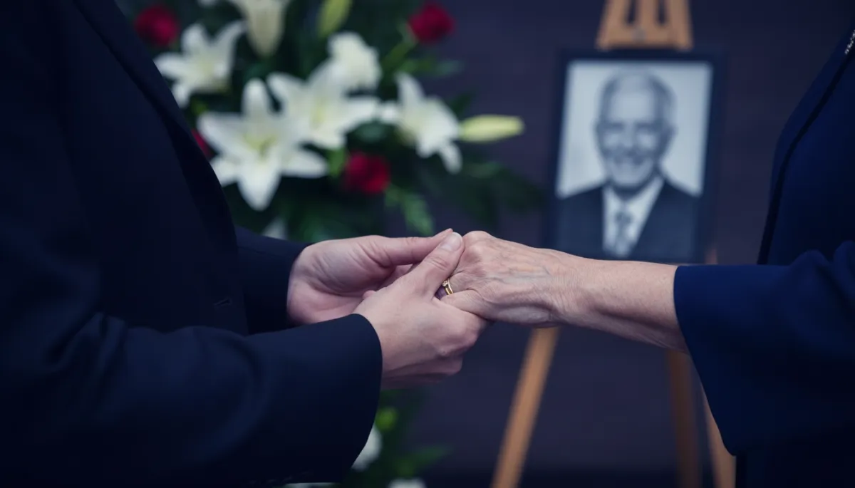 Family member comforting an elderly parent during a funeral service
