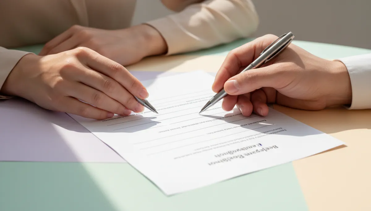 Couple reviewing beneficiary planning documents for their life insurance policy Couple reviewing beneficiary planning documents for their life insurance policy