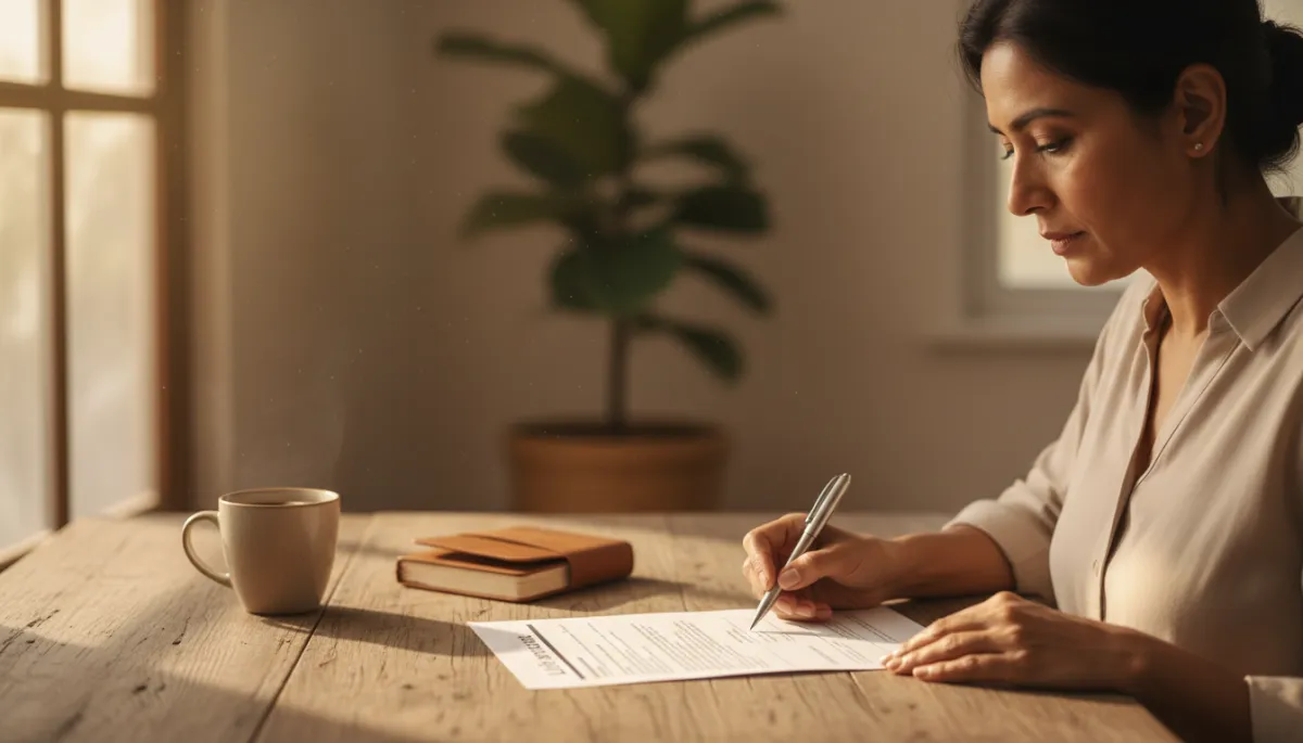 Person carefully reviewing their life insurance policy at a home desk