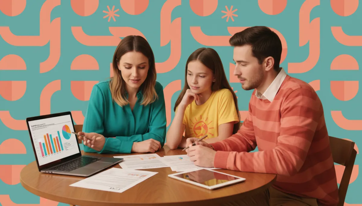 Family reviewing finances and life insurance benefits together at home