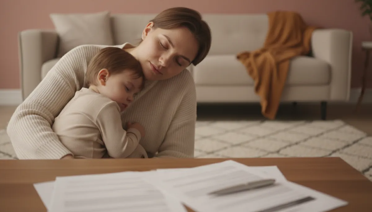 Parent holding a child while reviewing life insurance paperwork at home Parent holding a child while reviewing life insurance paperwork at home