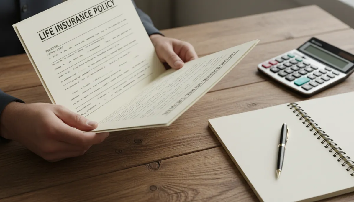 Person reviewing a life insurance policy and financial notes on a desk Person reviewing a life insurance policy and financial notes on a desk