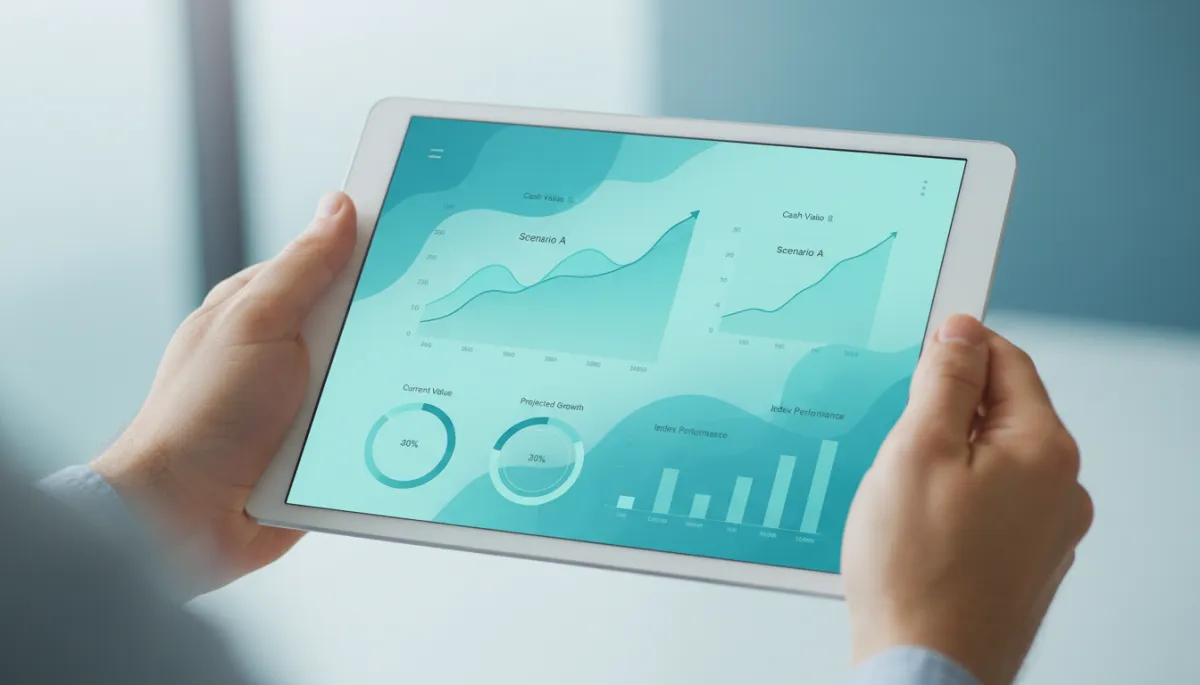 Person reviewing Indexed Universal Life cash value projections on a tablet Person reviewing Indexed Universal Life cash value projections on a tablet