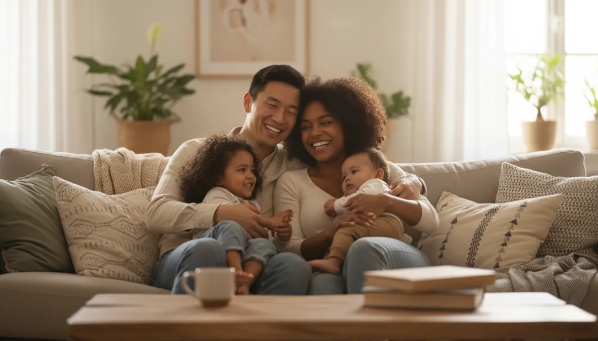 Smiling family relaxing together on a sofa at home Smiling family relaxing together on a sofa at home