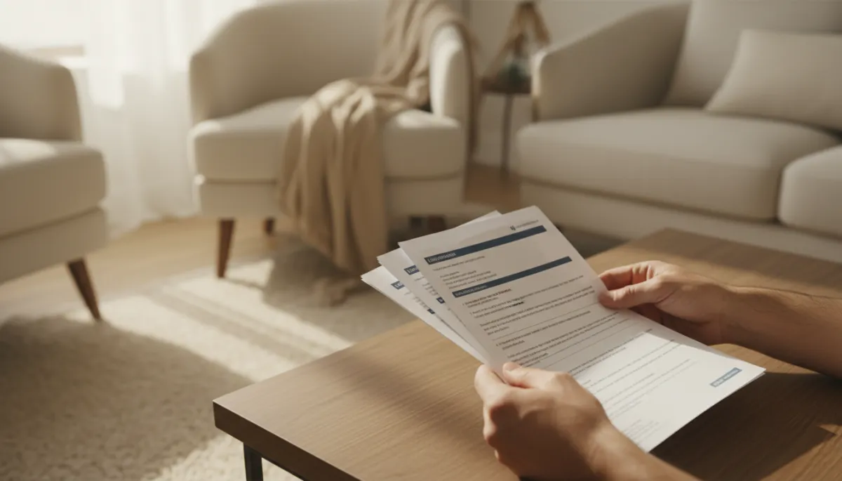 Hands reviewing term and whole life insurance documents in a warm neutral-toned living room