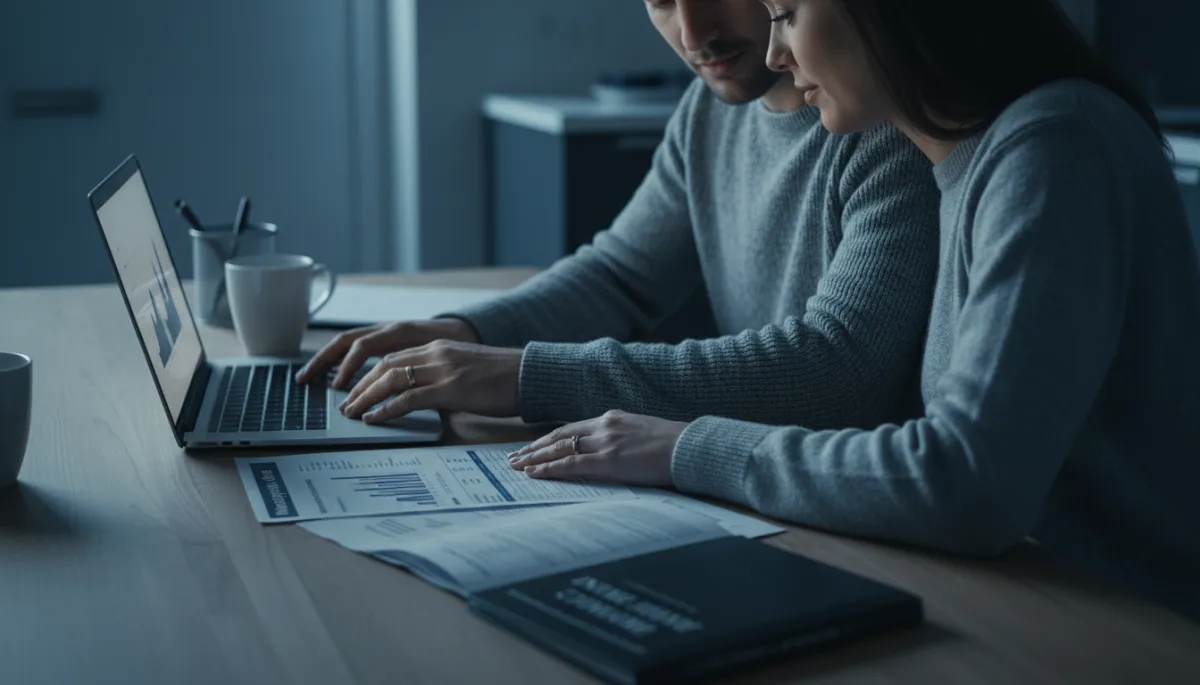 Couple reviewing mortgage protection insurance documents at their kitchen table