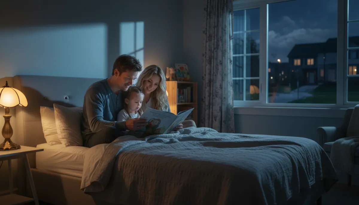Parents reading to their child in a secure family home at night