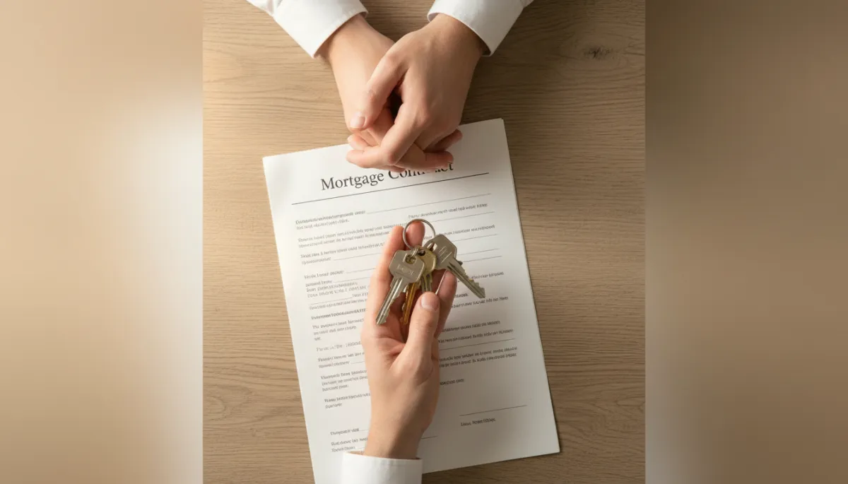 New homeowner holding keys above signed mortgage documents New homeowner holding keys above signed mortgage documents