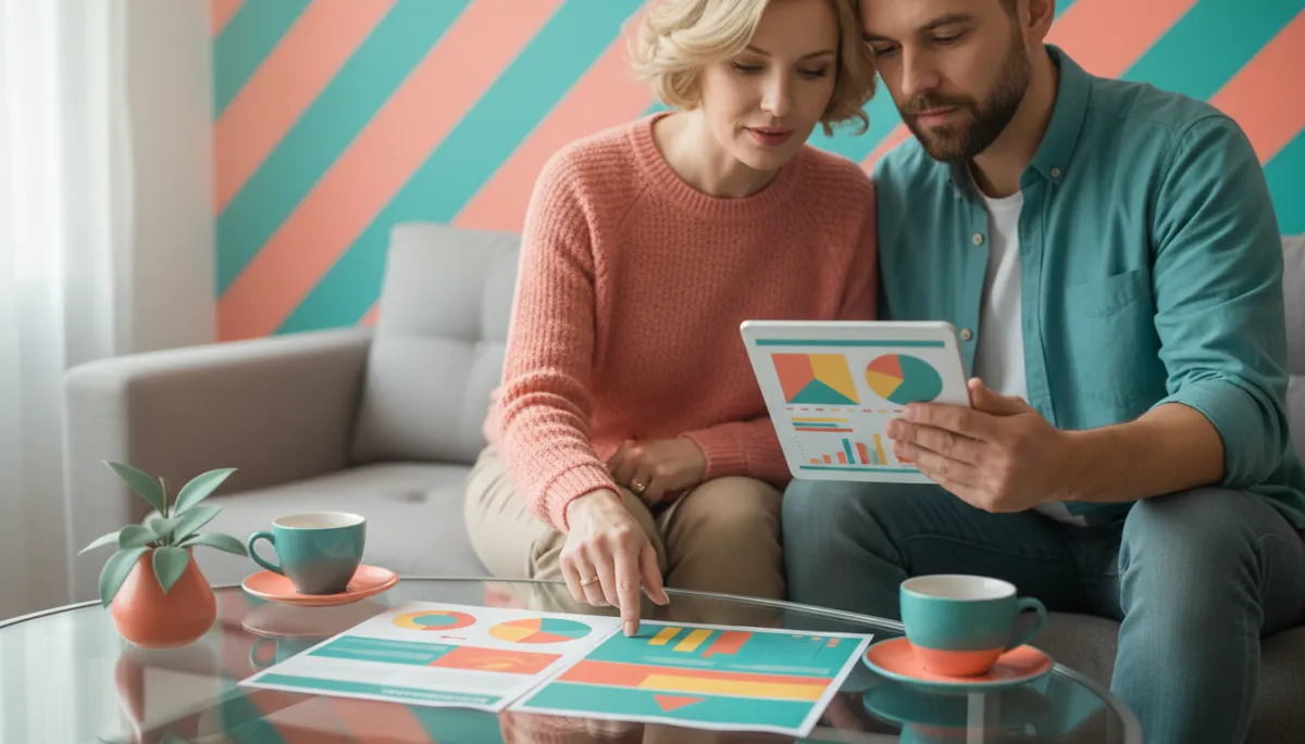 Couple reviewing life insurance coverage options and documents at home Couple reviewing life insurance coverage options and documents at home