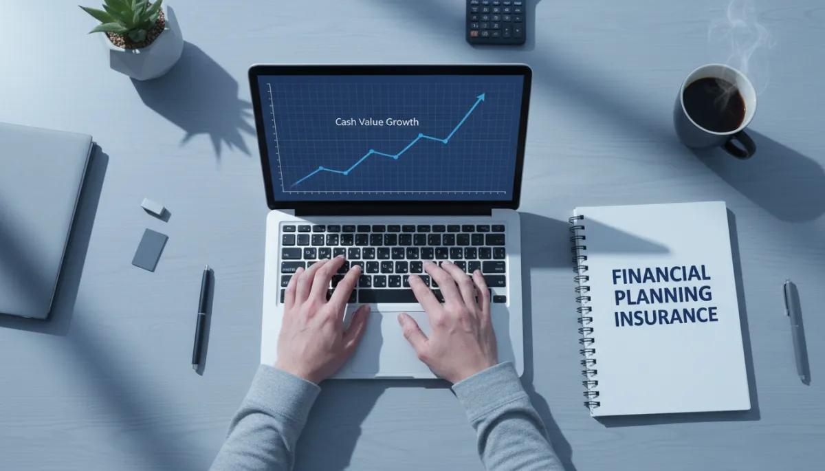 Person reviewing projected cash value growth for a life insurance policy on a laptop Person reviewing projected cash value growth for a life insurance policy on a laptop