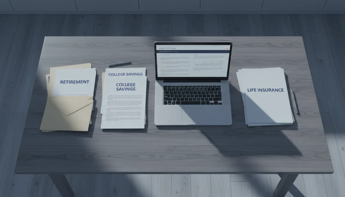 Household planning finances and life insurance together on a table Household planning finances and life insurance together on a table