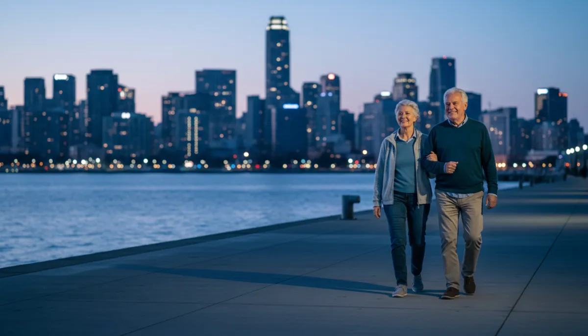 Retired couple walking together along a city waterfront at dusk Retired couple walking together along a city waterfront at dusk